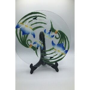 SYDEN-Stricker  Fused Art Glass Dish Platter BLUE IRIS FLOWERS 13" etched Signed